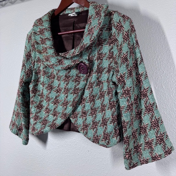 VTG Voxx Bouclé Cropped Blazer | Green Brown Metallic Shimmer Cowl Neck - Size M - Picture 4 of 10